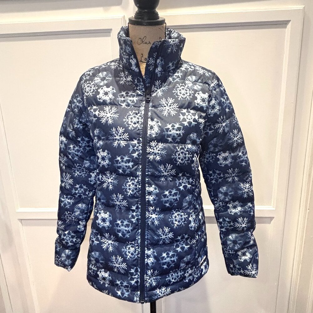 Lands End Womens XS 2-4 Goose Down Puffer Coat Jacket Snowflake Blue Pattern